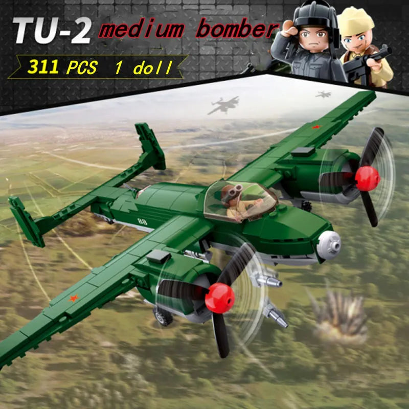 Building Blocks Military MOC WW2 TU-2 Bomber Aircraft Bricks Toys - 2