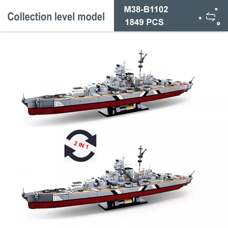 WW2 Germany Navy Warships Building Blocks KMS Bismarck Battleship Model Kit Soldier Weapon Boat Bricks Kids Military Toys Set - The Brick Battle