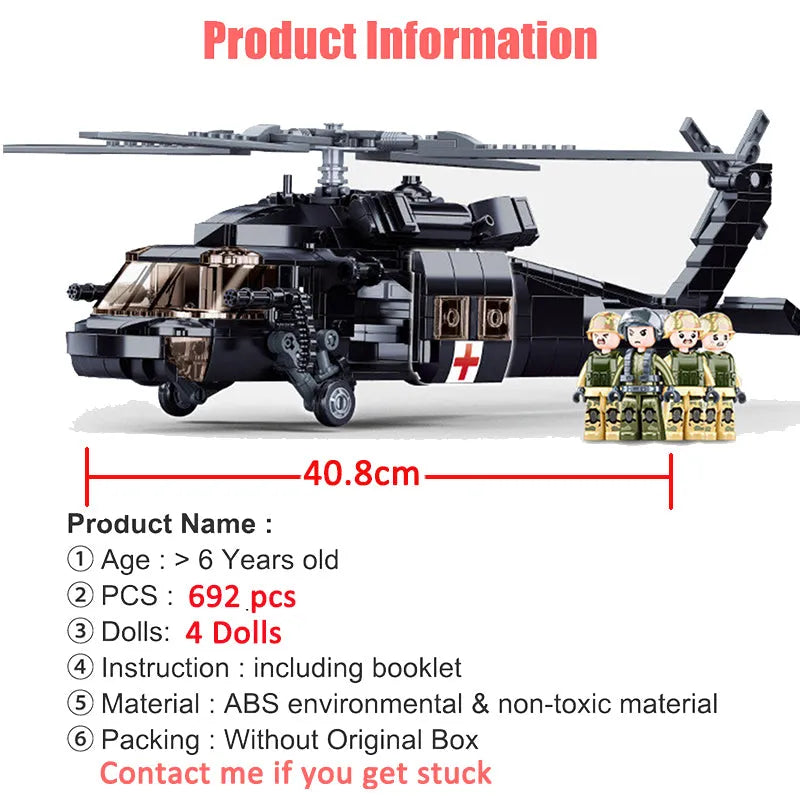 Building Blocks Military WW2 UH - 60 Attack Helicopter Bricks Toy - 3