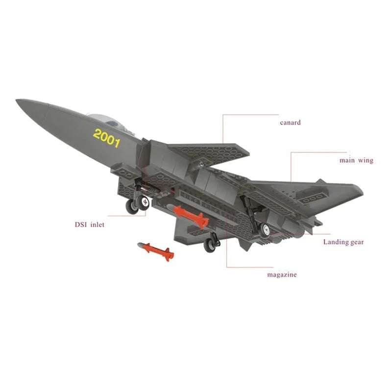 Building Blocks MOC Military J20 Stealth Fighter Plane Bricks Toys Kids - 5