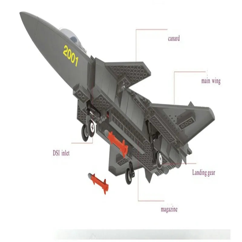 Building Blocks MOC Military J20 Stealth Fighter Plane Bricks Toys Kids - 7