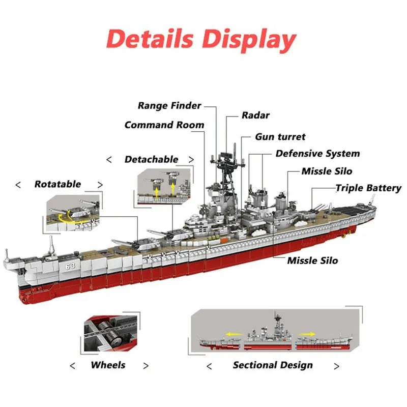 Building Blocks Military MOC USS Missouri Cruiser Warship Bricks Toy - 2