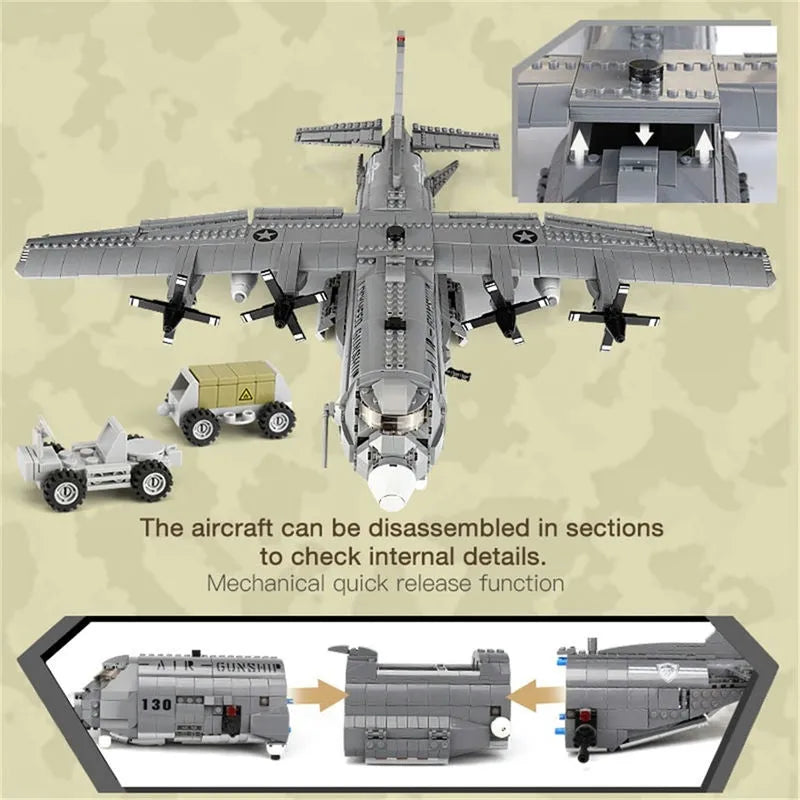 Building Blocks Military MOC WW2 AC-130 Gunboat Aircraft Bricks Kids Toys - 6