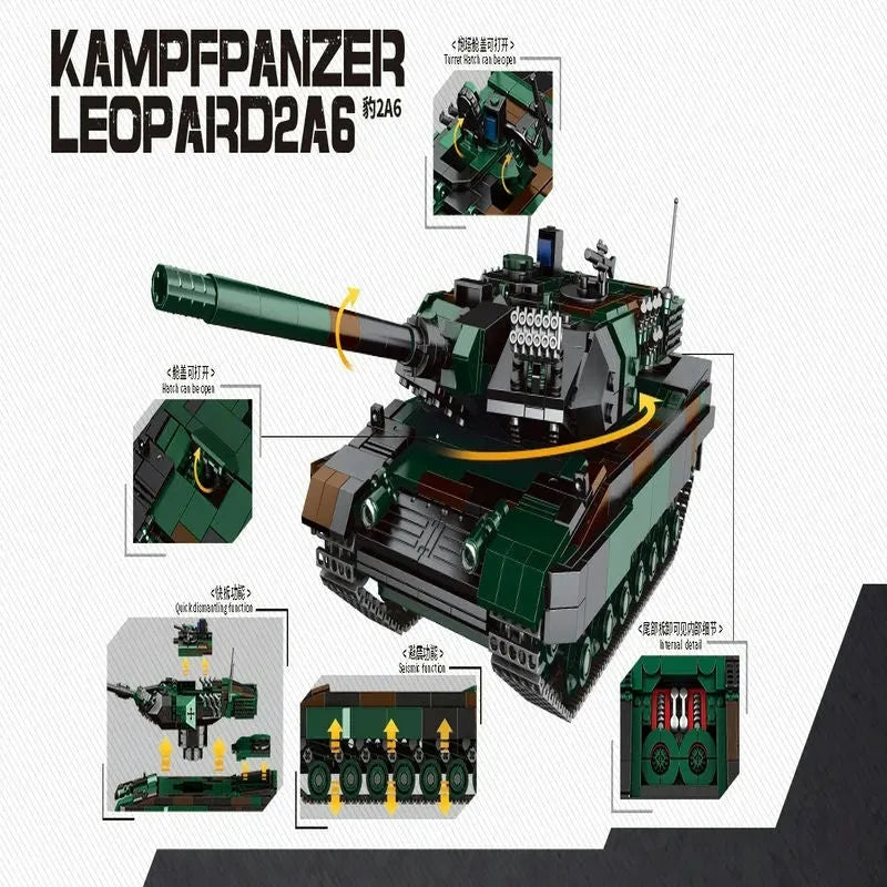 Building Blocks Military WW2 German Kampfpanzer Leopard 2A6 Battle Tank Bricks Toy - 3