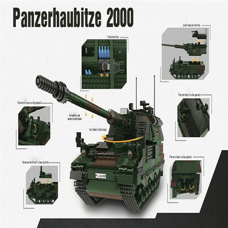 Building Blocks Military WW2 German PZH - 2000 Heavy Battle Tank Bricks Toy - 2