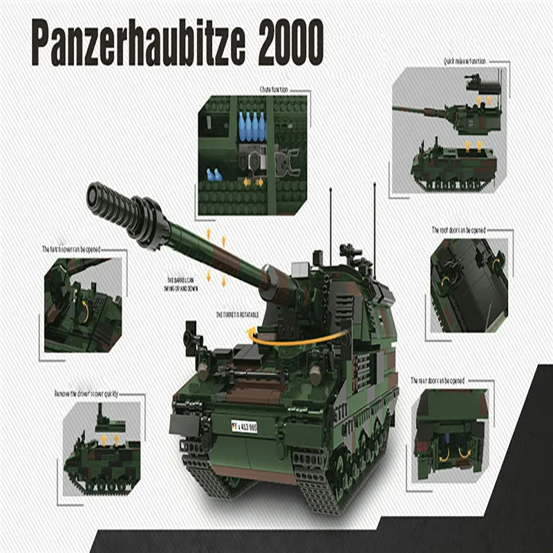 Building Blocks Military WW2 German PZH-2000 Heavy Battle Tank Bricks Toy Construction Set Toys - 2